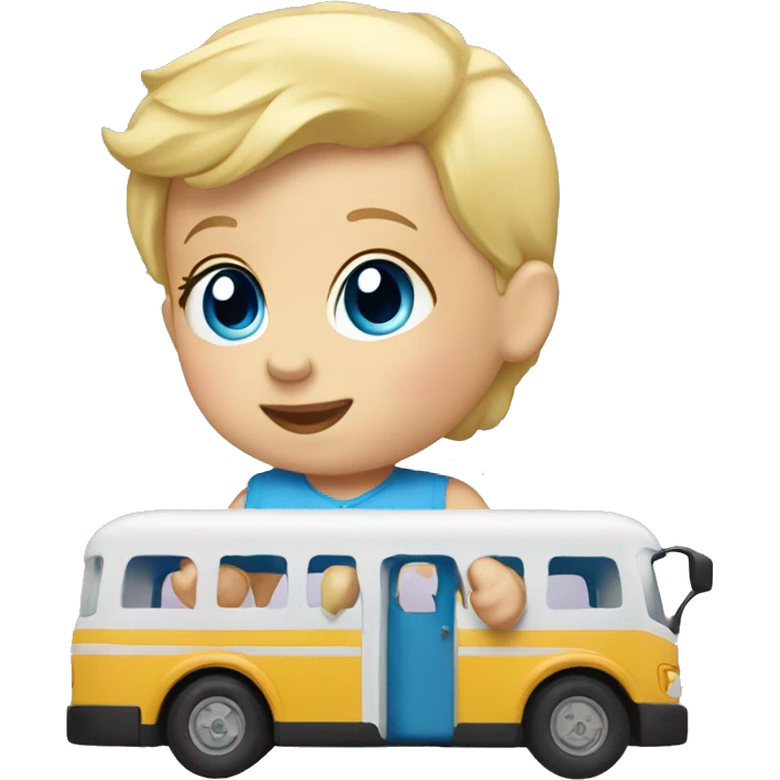 Baby playing with a toy bus blue eyes and blonde hair  emoji