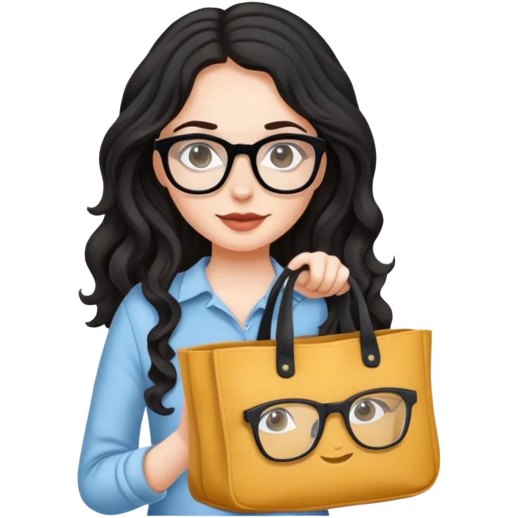 A white girl with black wavy long hair, wearing Wearing glasses and Crossing a tote bag emoji