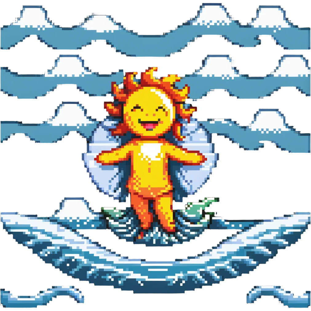Dancing character on beach with sun highlighting them, ocean waves, cheerful tripa tropa mood emoji