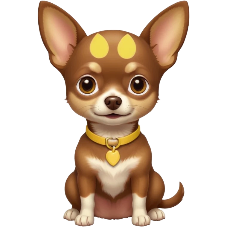 Chihuahua color chocolate con las patitas y pecho color café claro, un pequeño collar amarillo  emoji