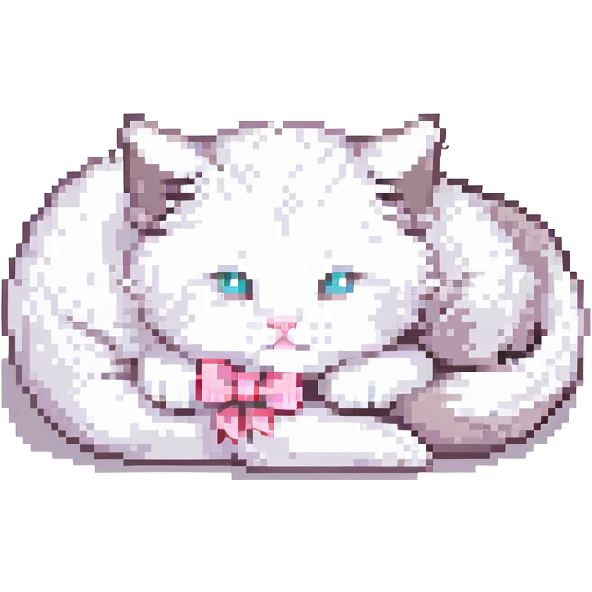 cute fluffy white kitten with a light pink bow, curled up sleeping, pixel art style emoji