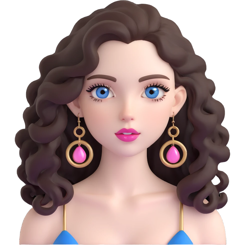 beautiful girl with big blue-grey eyes, long lashes, pale skin, pink lips, long voluminous dark brown curls, gold hoop earrings, silky halter top emoji