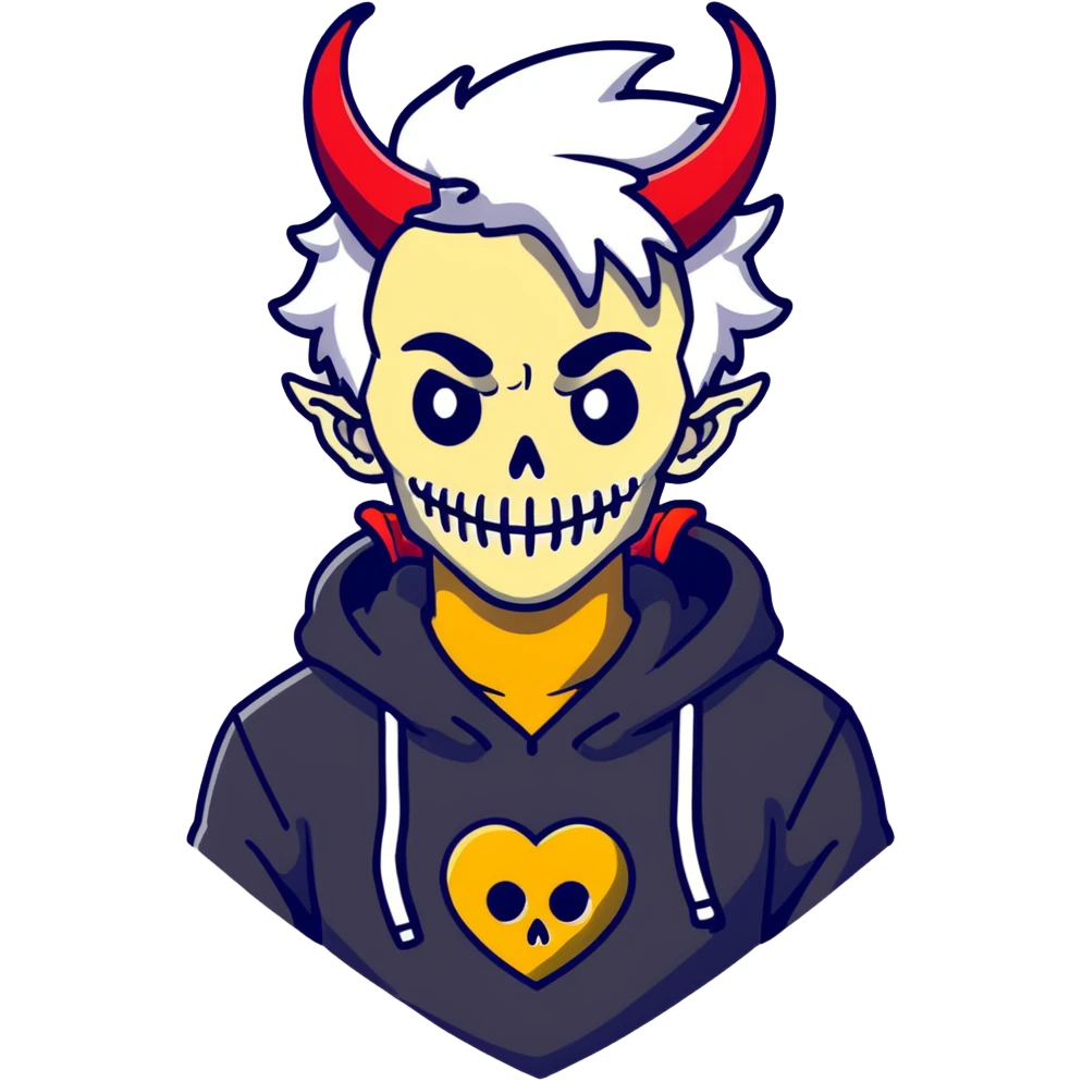 man with white and black messy hair, half face black, red horns with eyes, black hoodie fading to white, red wings, skeleton dragon behind neck, yellow heart lock necklace emoji