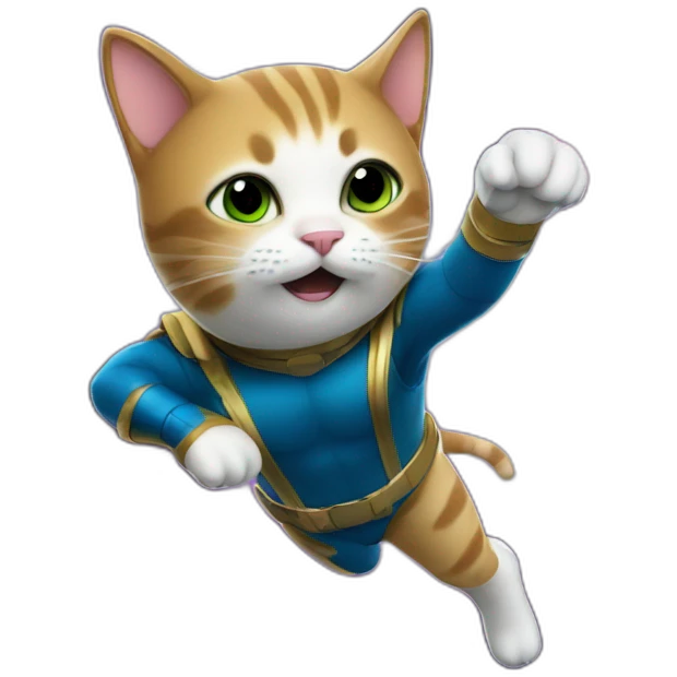 a cat dressed as a super hero diving into the galaxy emoji