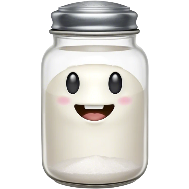 A mischievous anthropomorphic salt jar with transparent glass body and metal lid emoji