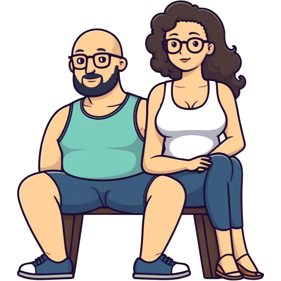 caucasian bald man with glasses and caucasian woman with no glasses, long curly dark hair and massive boobs and a tank top. Her hand is on his leg.  emoji