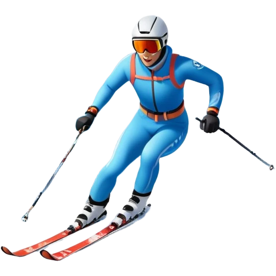 An icon featuring snowy peaks, pine trees, and a picturesque mountain landscape with a skier racing down a snow-covered slope, The sky is blue with soft clouds, capturing the thrill and beauty of alpine skiing. Transparent background highlights the excitement and serenity of winter sports. emoji