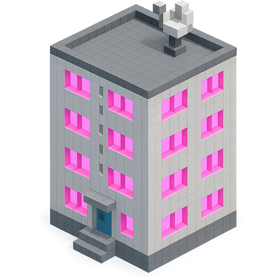 Russian panel apartment building, square block, light gray, pink glowing windows, visible entrance, satellite TV dish on the roof, isometric view emoji