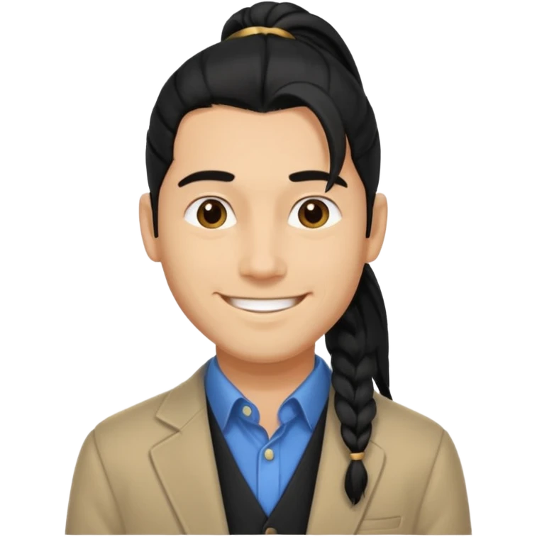 black long pony tail hair man with polite outfit smile warmly emoji