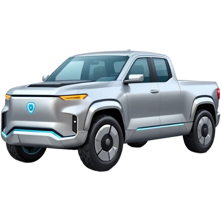 A futuristic electric pickup truck emoji, silver chrome body, angular cyber design, smooth metallic panels, subtle reflections, minimalistic proportions, iOS emoji style, centered composition, clean white background, soft lighting emoji