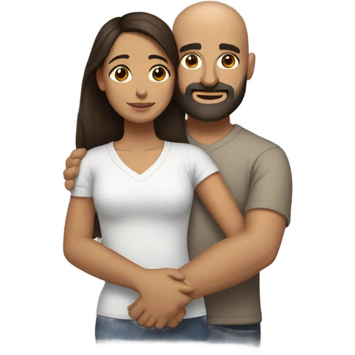 Comforting hug from brunette Puerto Rican with dark brown eyes to short, bald man with brown eyes and a beard emoji