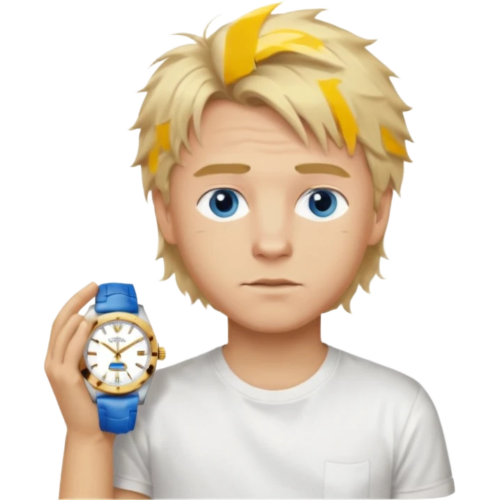 Create a look for a blond boy with long, tousled hair, light eyes, a white t-shirt, a wealthy appearance, blue eyes, and accessories like a Rolex or Cartier watch, and a cute face with messy hair down. emoji