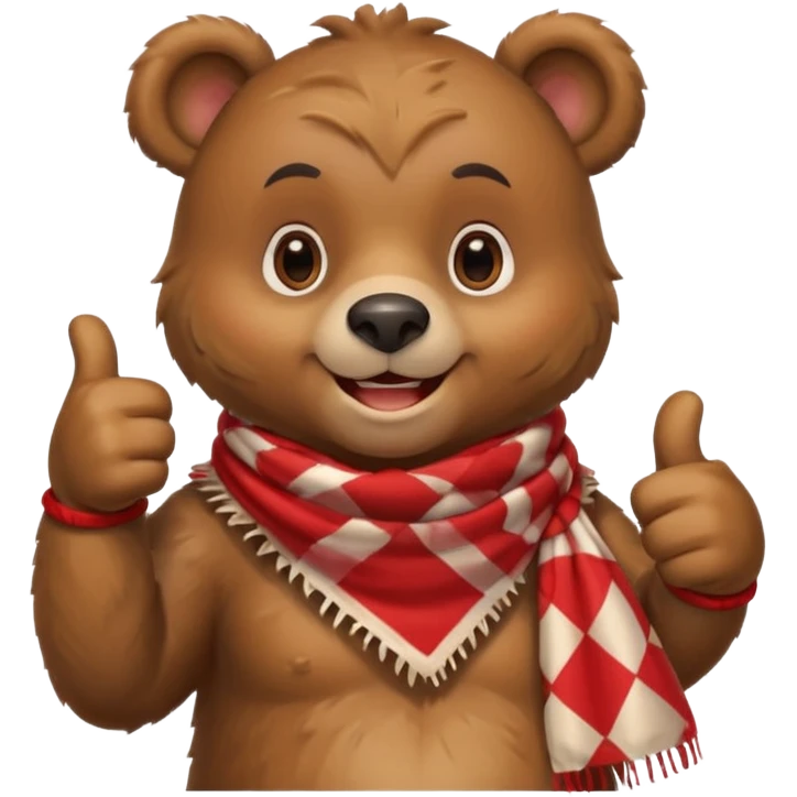 a cute bear smiling and giving thumbs up, wearing red Checkered Triangle scarf emoji
