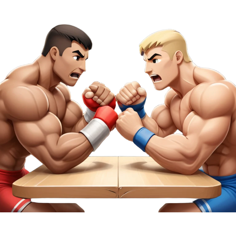 Two strong competitors locked in an intense arm wrestling match, muscles tensed as they battle for victory. The table is well-lit, showcasing their focused expressions and powerful arm grips. The background features a competitive arena with a cheering crowd. Transparent background. emoji