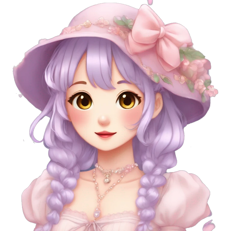 Gorgeous anime style lady with blushing face and accessories cottagecore fairycore Kawaii anime colorful pearly romantic aesthetic trending style emoji