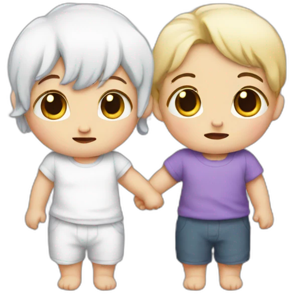 two crying white babies holding hands, one has purple hair emoji