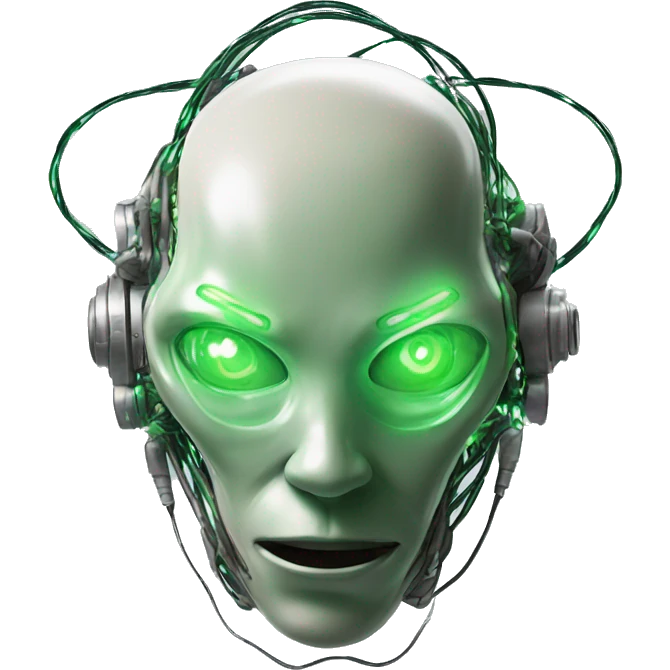 Alien cyborg head with glowing wires and green eyes  emoji