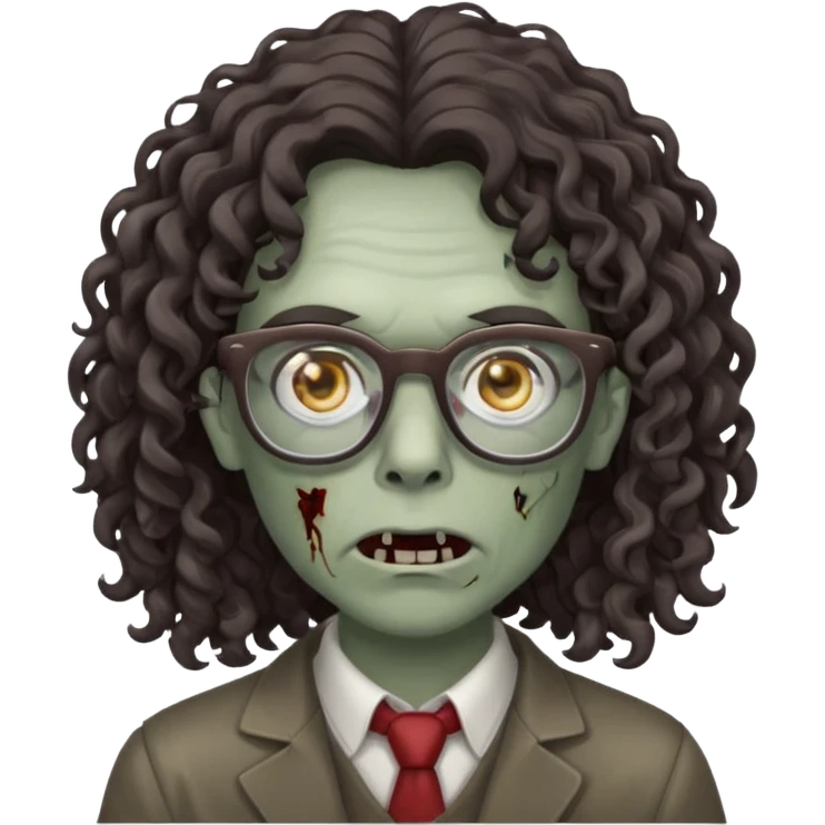 make a zombie with grey skin and long dark brown curly hair and glasses emoji