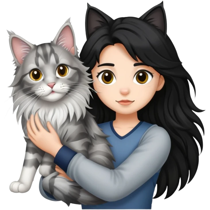 a silver based Maine Coon cat holding a black hair girl emoji
