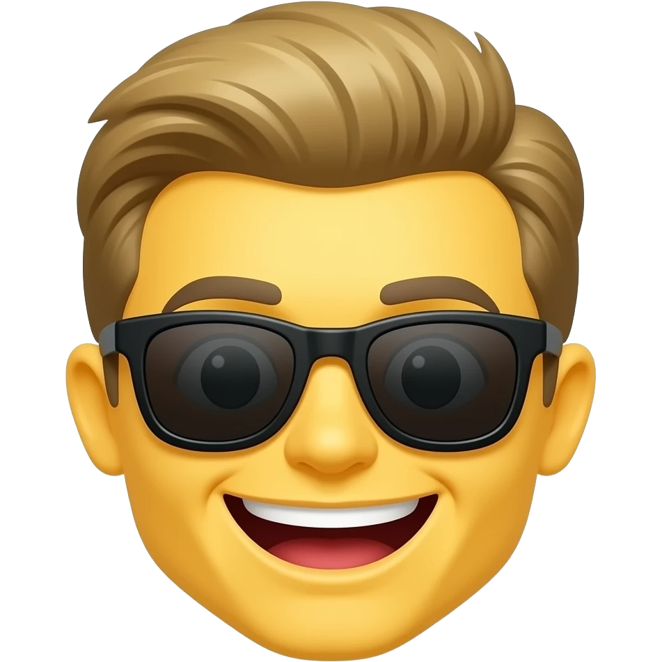 Keep the classic yellow emoji style but change the hair into something different and add sunglasses. Change the expression into a cheerful one too. DO NOT HCANGE THE ARTSTYLE AND KEEP IT THE CLASSIC YELLOW EMOJI emoji