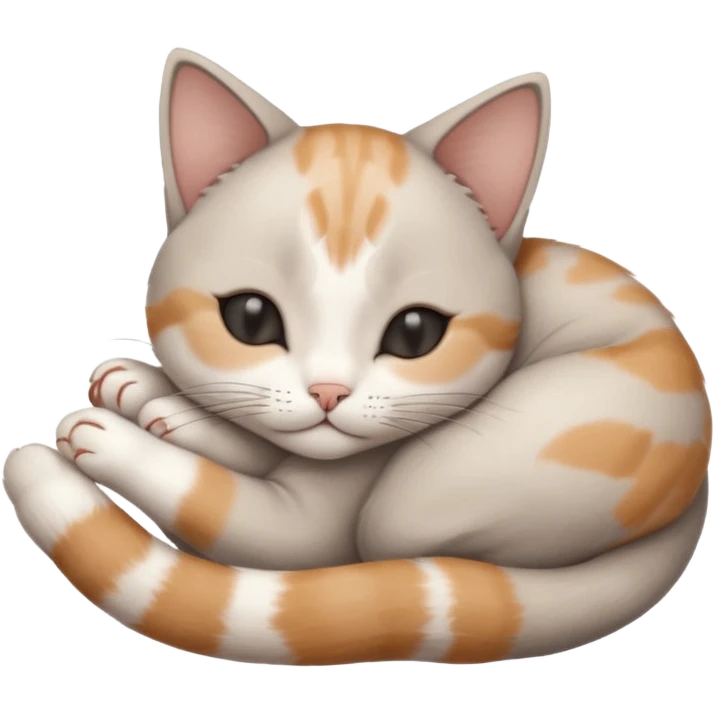 grey and white small cat with eyes closed lying down upside down with its head resting on its curled paw emoji