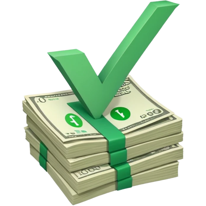 stack of bills facing up with a big green tick in the background emoji
