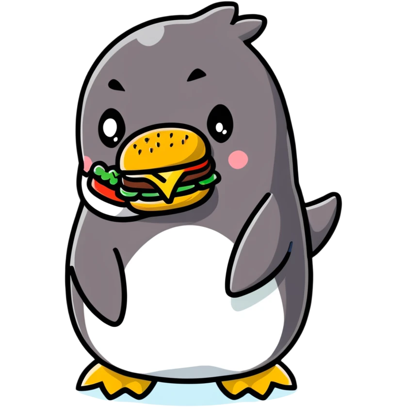 penguin eating a large hamburger emoji