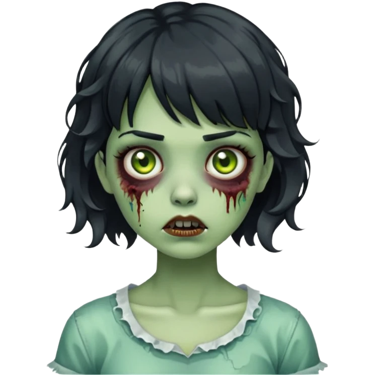 zombie girl with short wavy hair and black bangs, greenish skin emoji