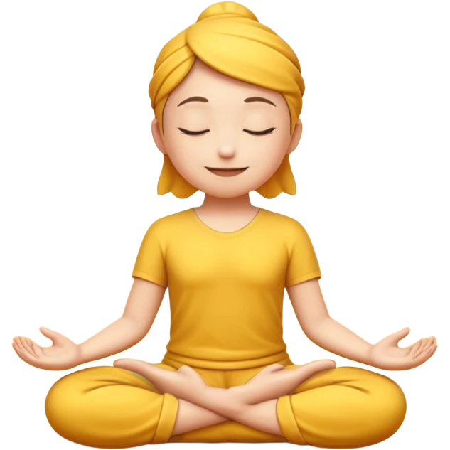 A 3D Apple-style yellow round emoji sitting in a lotus position, eyes gently closed, calm and peaceful smile, hands resting on knees with palms facing upward, relaxed eyebrows, soft glow around the emoji to symbolize inner peace, clean minimal background. emoji