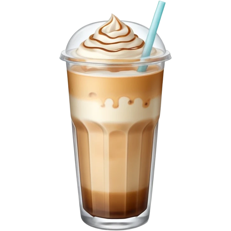 An iced latte in a transparent matte glass, showing how the milk and coffee mix, with ice touching the inner walls of the glass, and a clear lid with a transparent straw on top. Use soft and pastel tones. emoji