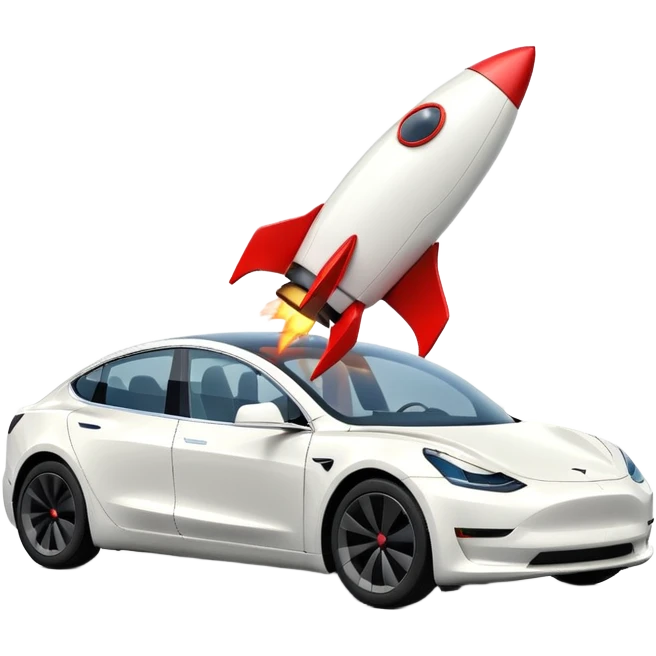 Tesla model 3 white with small rocket mounted flat on roof for extra propulsion emoji