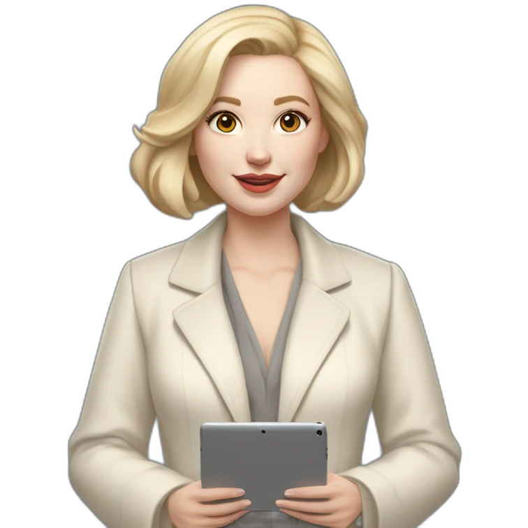 pale skin woman with ash blonde Straightened bob Hair, White Spacious classical jacket, beige palazzo Arrow pants and gray blouse holding a IPad Pro 12.9” in the hands emoji