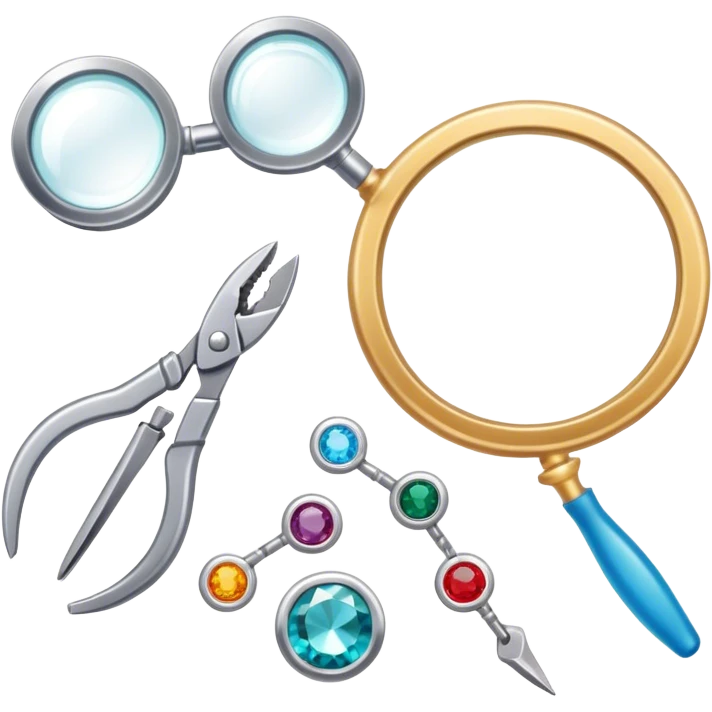 Jewelry art icon, detailed close-up of a ring or necklace being crafted, visible tools like pliers, magnifying glass, workbench with gemstones and wire, minimalistic style, clean lines, transparent background. emoji