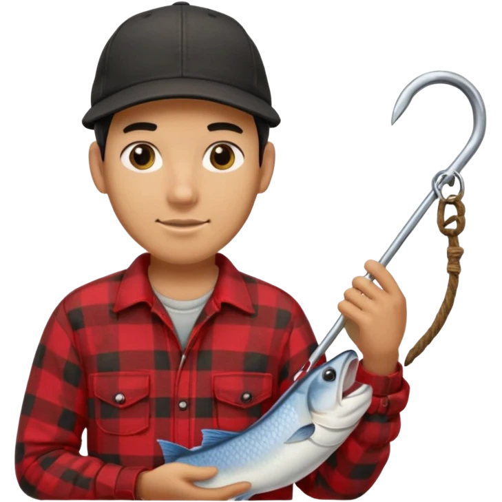 vit Ung man med svart keps röd gul rutig flanellskjorta hållandes en båtshake med stor torsk emoji