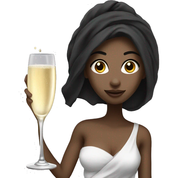 Girl with white towel wrapped around hair holding a champagne glass and bottle in black high heels  emoji