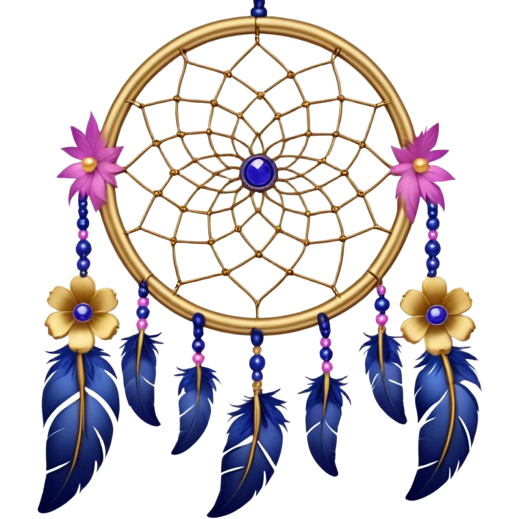 A gold-framed Dreamcatcher. with yellow metal flowers, blue beads, indigo beads, purple beads, pink feathers hanging down emoji
