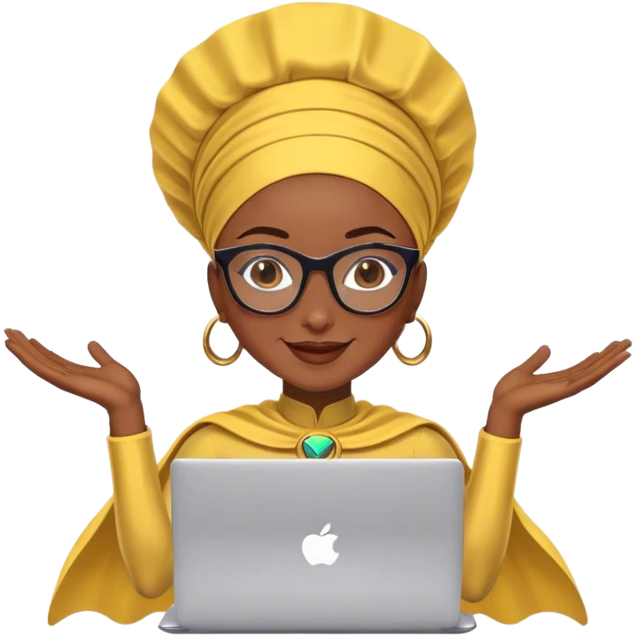 create a african superhero woman, smiling, wearing glasses, wearing gele on her head, with laptop in hand, flying, make sure background is white emoji