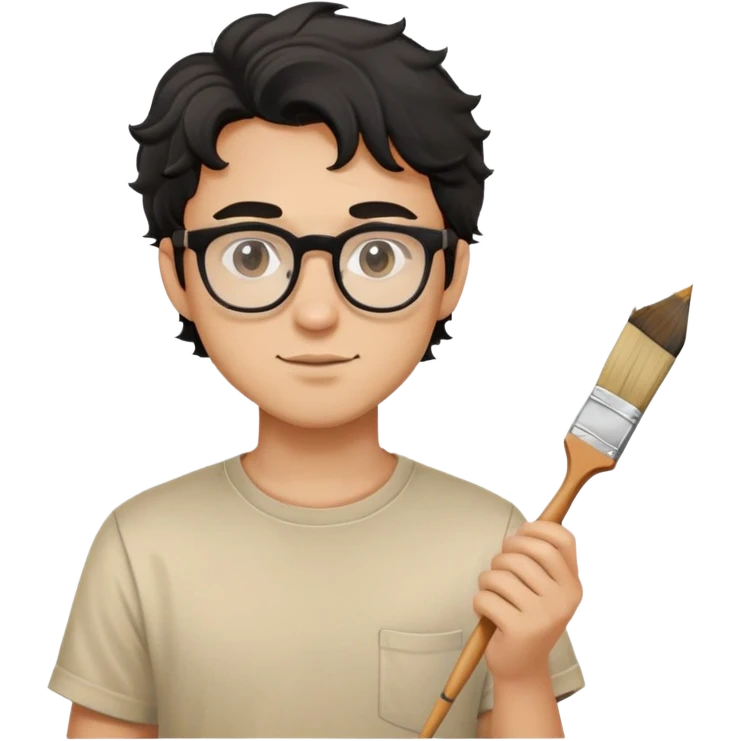 Young caucasian man with black wavy hair, round glasses, beige painting shirt, holding a square paintbrush emoji