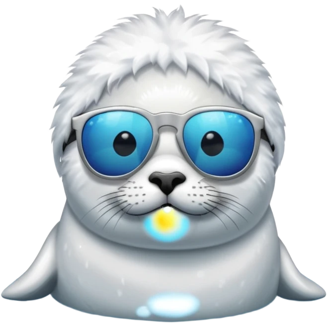 A fluffy, all white, tiny Seal having fun in lake while wearing sunglasses emoji