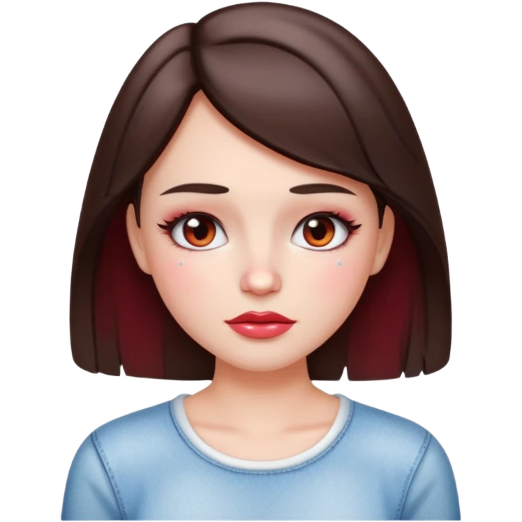 “Emoji brunette girl white top, dewy skin, heavy blush across cheeks and nose bridge, glossy cherry lips, soft eyeliner, teary sparkling eyes like hanni from new jeans emoji