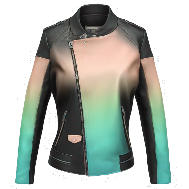Hyper Realistic isolated side view of an open black,peach,pastel green,pastel blue ombre feminine fashion leather jacket.  emoji