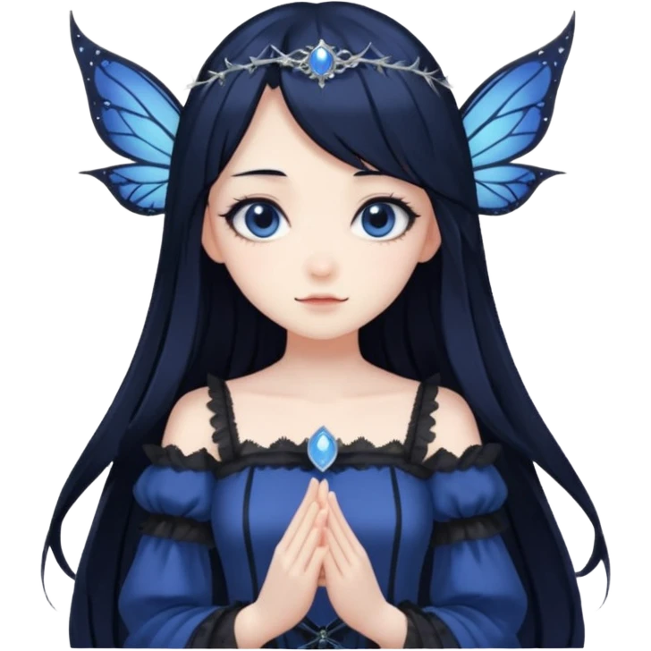 Gothic anime fairy with long beautiful black hair and dark blue dress, pastelcore, emoji