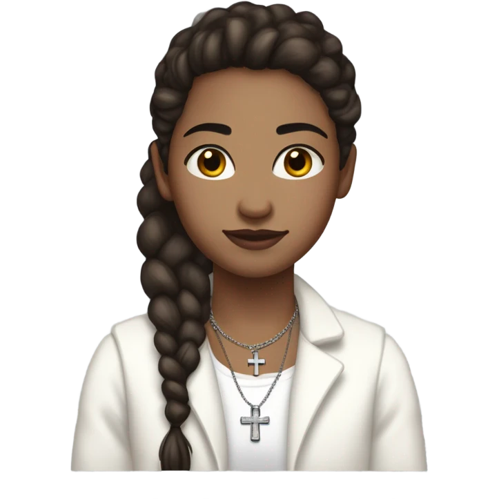 Person, pale white skin, dark brown eyes, brown ponytail, silver cross necklace,fluffy white jacket, white tank top, freckles emoji