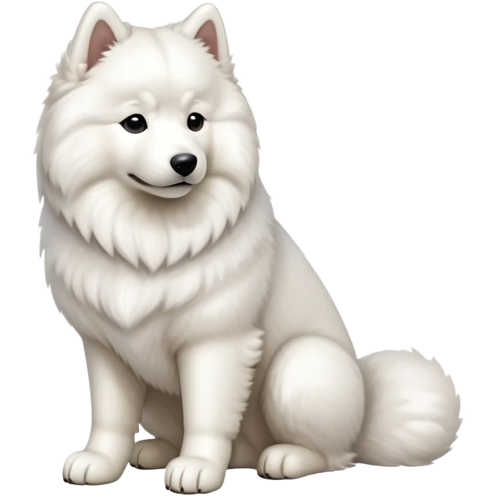 cinematic-[samoyed]-realistic-full-body-sitting-emoji,-tail-resting-loosely-beside-its-paws,white eyes-head-tilted-dramatically, -fluffy-[white]-fur,-simplified-yet-realistic-focused-features,-highly-detailed,-glowing-with-an-almost-sarcastic-glow emoji