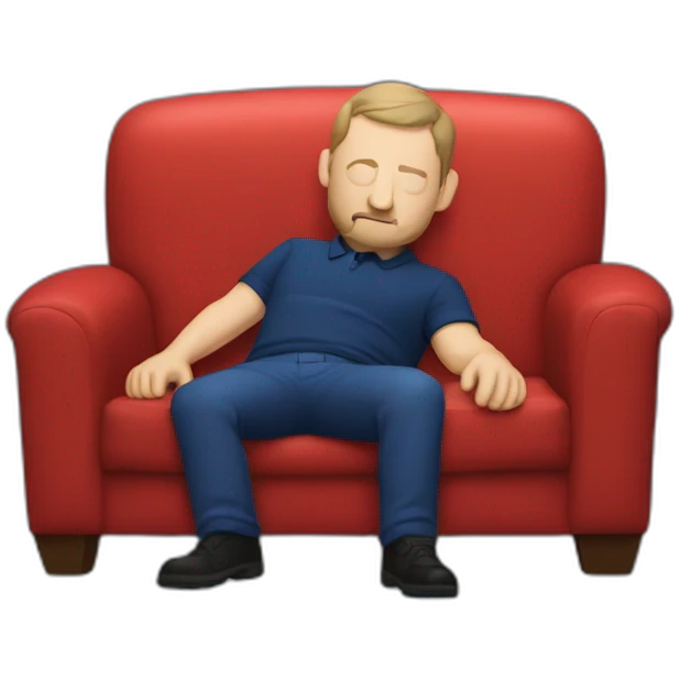 tim robinson laying down on a red couch in a dark dark blue polo shirt, chest up emoji