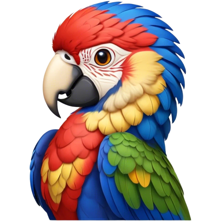 Cinematic Realistic Noble Macaw Portrait Emoji, Poised and majestic, with a robust, vibrant build and meticulously detailed plumage in scarlet, deep blue, and touches of gold, a strong, curved beak and piercing, intelligent eyes, rendered with lifelike feather texture and natural lighting, high shine, commanding and regal, styled with an air of tropical authority, focused and attentive, soft glowing outline, capturing the essence of a watchful and confident macaw that appears ready to soar out of the screen with effortless splendor! emoji