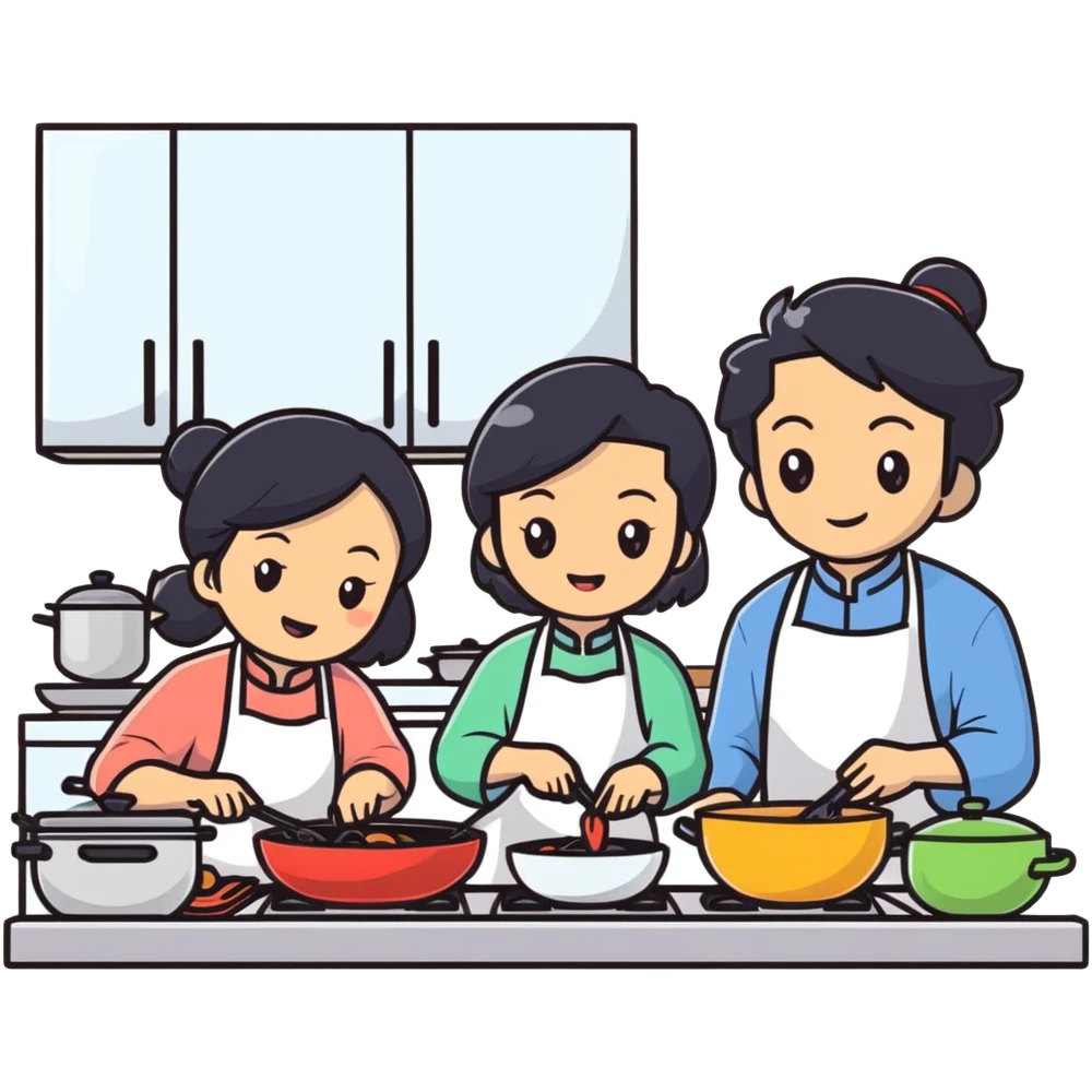 East Asian family with black hair cooking together in the kitchen emoji