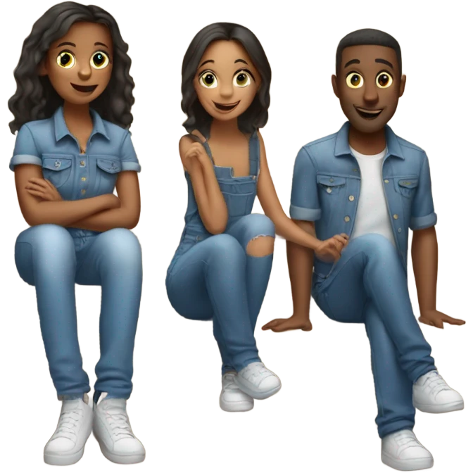 Two girls and one guy hanging out on stairs in denim outfits emoji