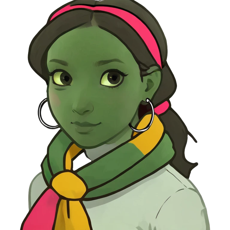 A woman with a round face, pale, light skin, big round nose, cute doe eyes, a white long sleeve shirt with a square shape cut in the t shirt near the neck area, and dark brown hair and brown eyes  emoji