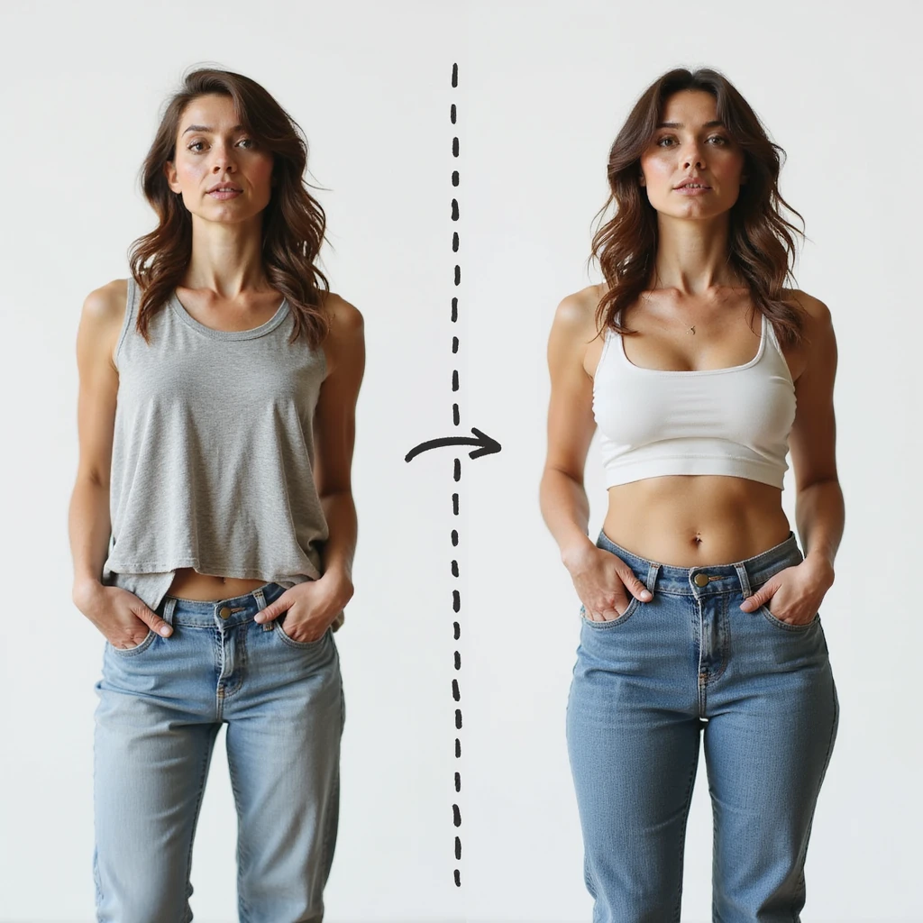 adult woman, photorealistic, two side-by-side photos: one with loose clothes and one with tight clothes, dashed line connecting the two images, puzzled expression, neutral background, concept of weight fluctuation emoji
